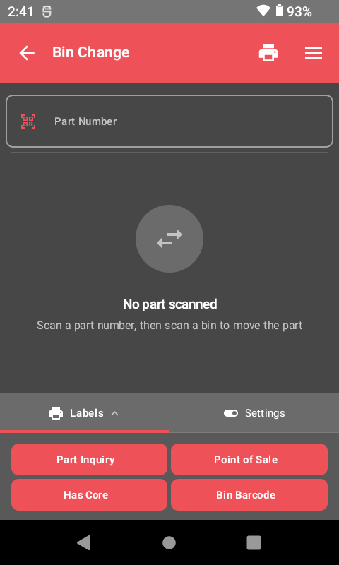 Bin change screen